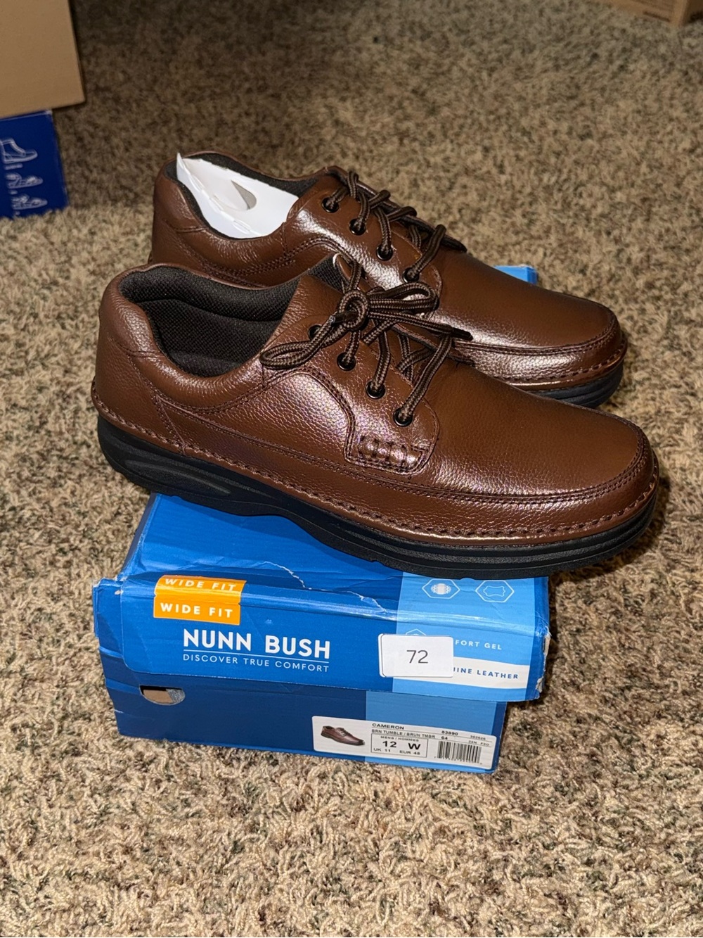 Nunn Bush Mens 12 W Cameron Genuine Leather Comfort Gel Brown  Lace Up Shoes NIB